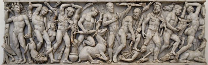 Marie-Lan Nguyen (September 2009) Front panel from a sarcophagus with the Labours of Heracles: from left to right, the Nemean Lion, the Lernaean Hydra, the Erymanthian Boar, the Ceryneian Hind, the Stymphalian birds, the Girdle of Hippolyta, the Augean stables, the Cretan Bull and the Mares of Diomedes. Luni marble, Roman artwork from the middle 3rd century CE.